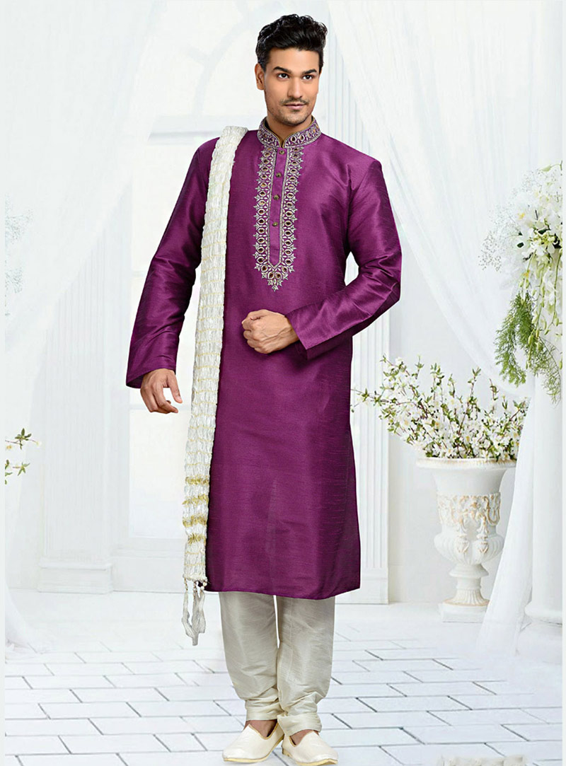 Purple Art Silk Readymade Kurta With Churidar 73698