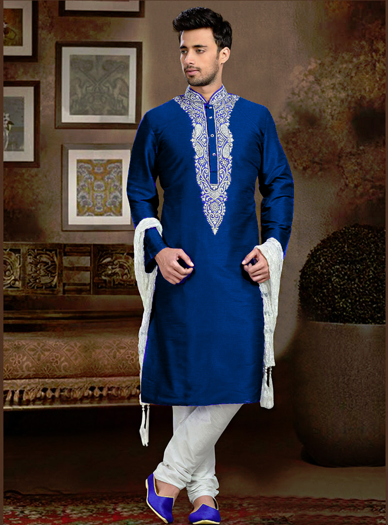 Blue Art Silk Readymade Kurta With Churidar 73699