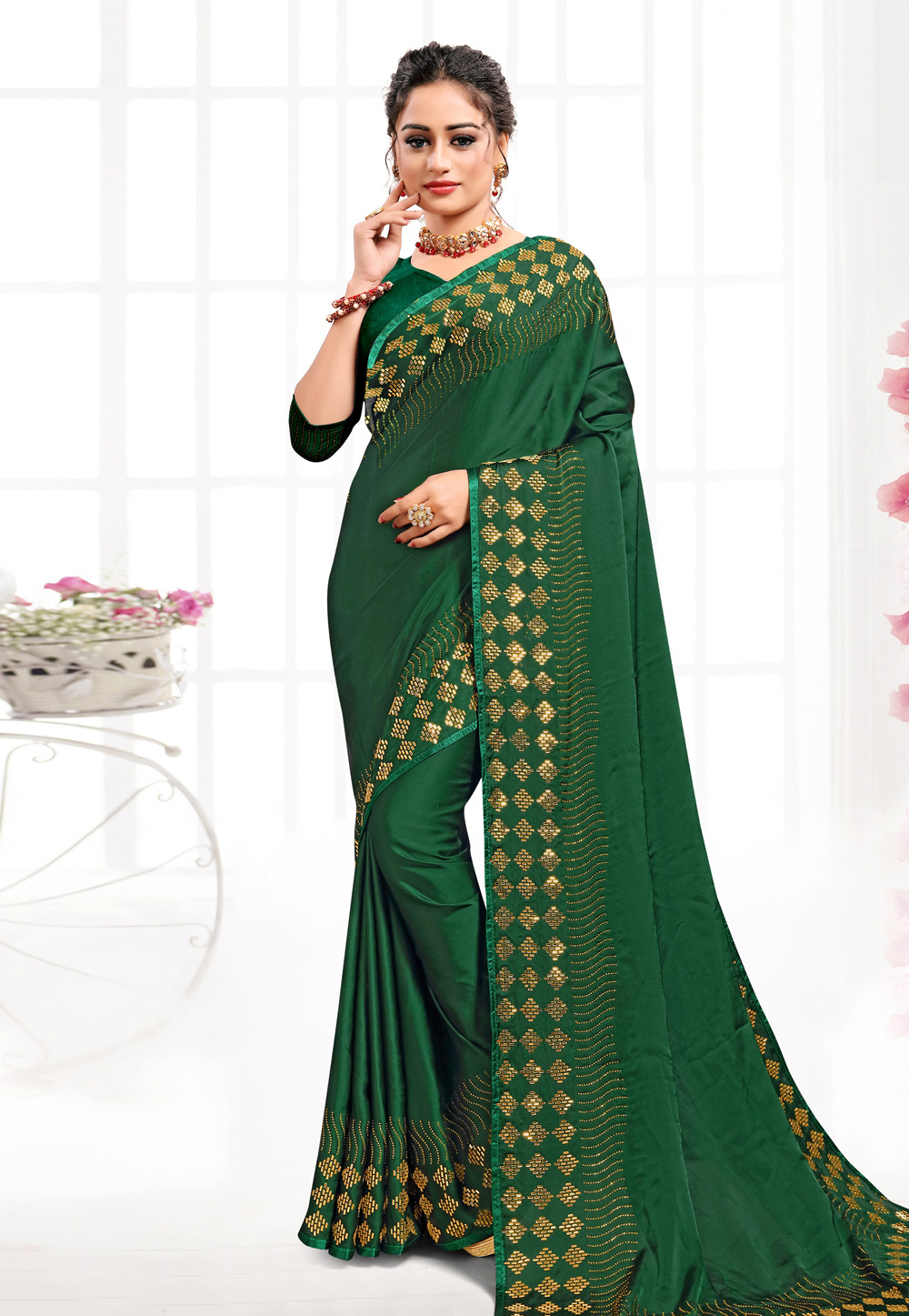 Green Satin Saree With Blouse 216496