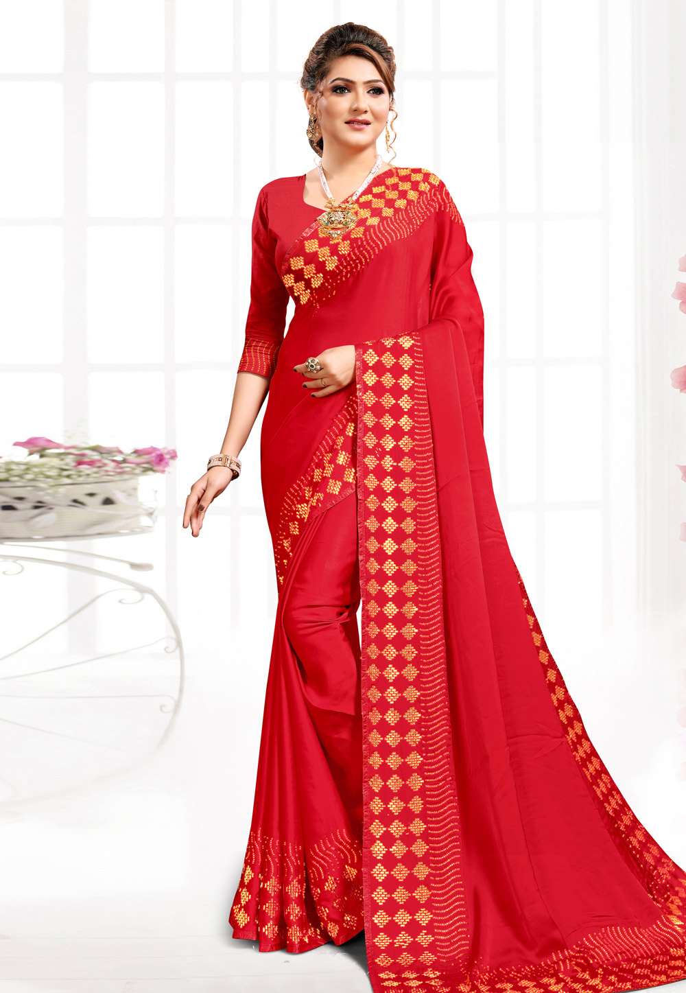 Red Satin Festival Wear Saree 216497