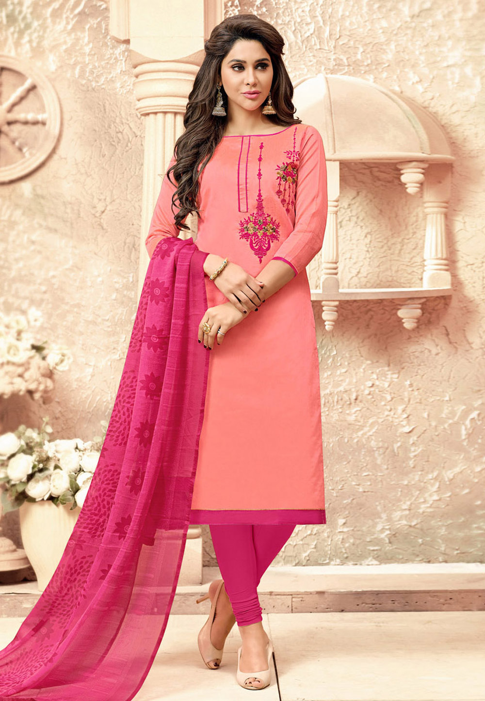 Pink Cotton Churidar Suit 155390