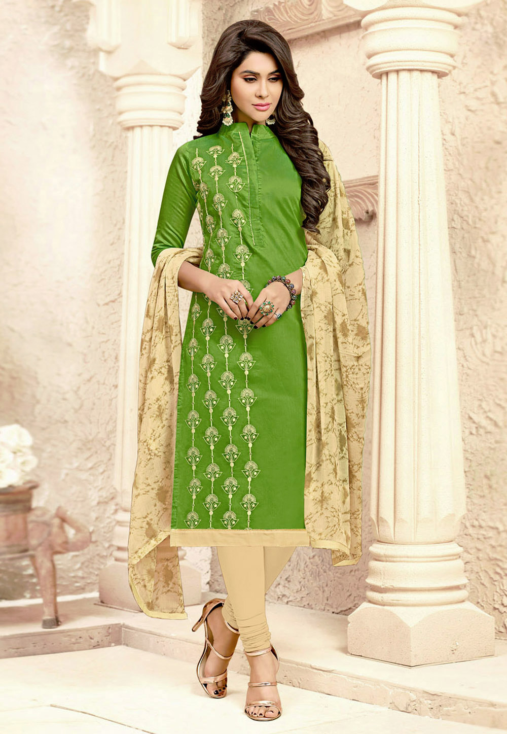 Green Cotton Churidar Salwar Kameez 155393