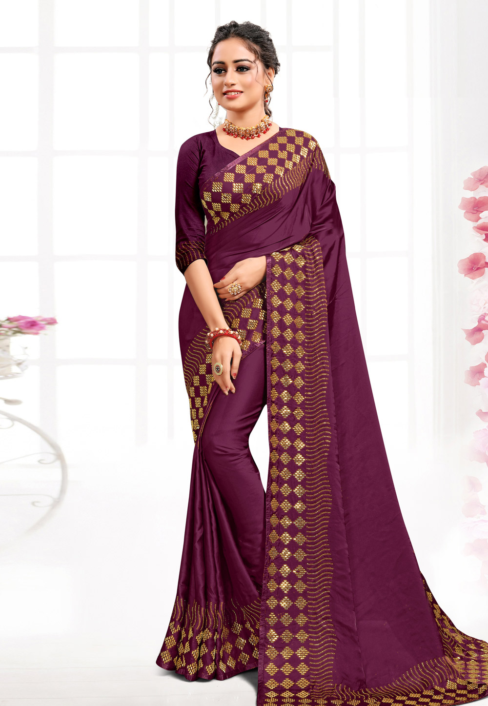Purple Satin Saree With Blouse 216498