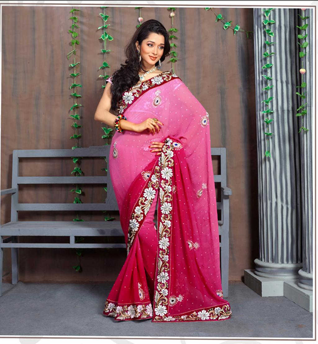 Pink Faux Georgette Embroidery Wedding Saree 29987