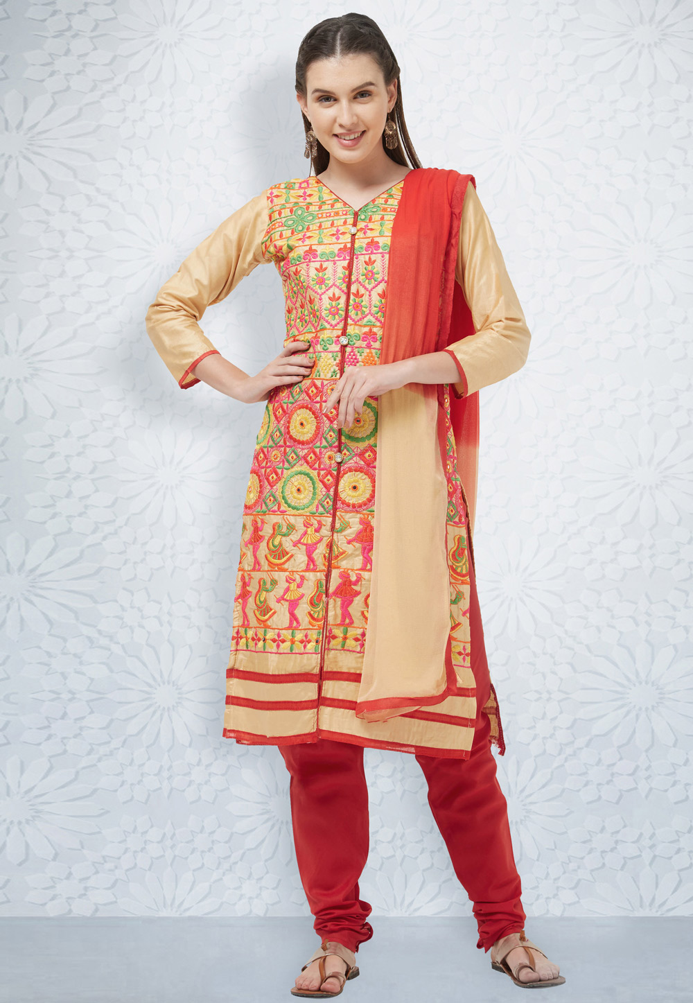 Beige Cotton Churidar Suit 162853