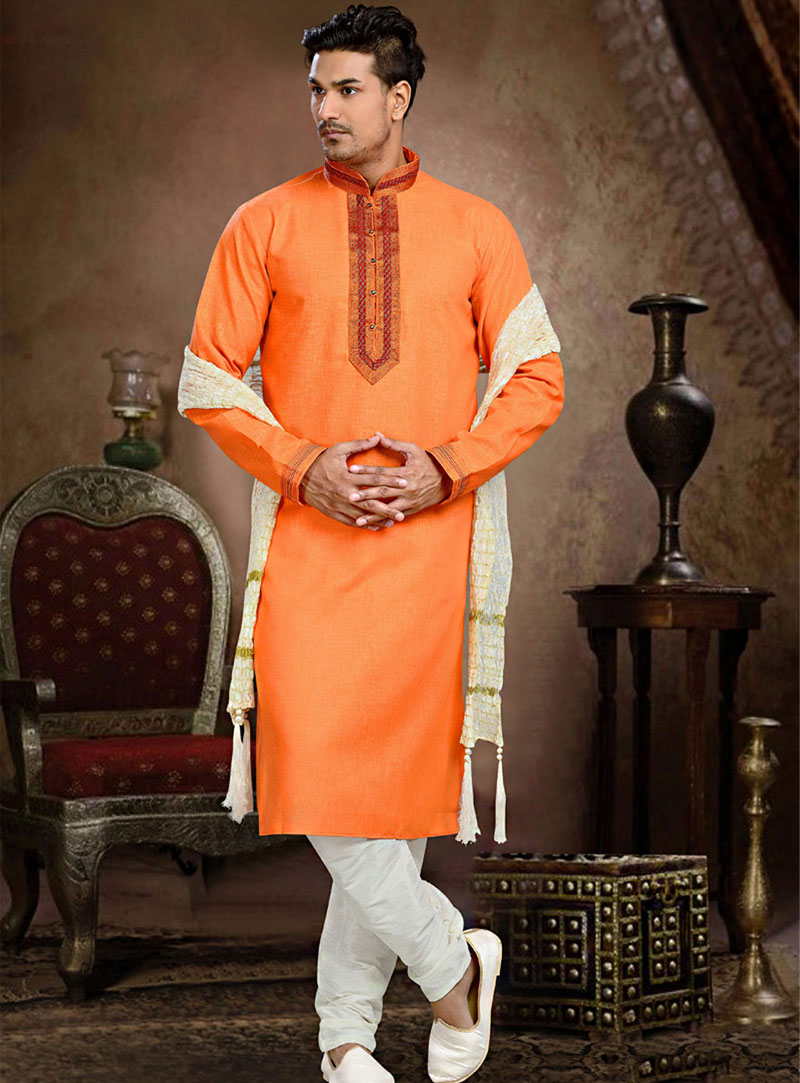 Orange Cotton Readymade Kurta With Churidar 73850