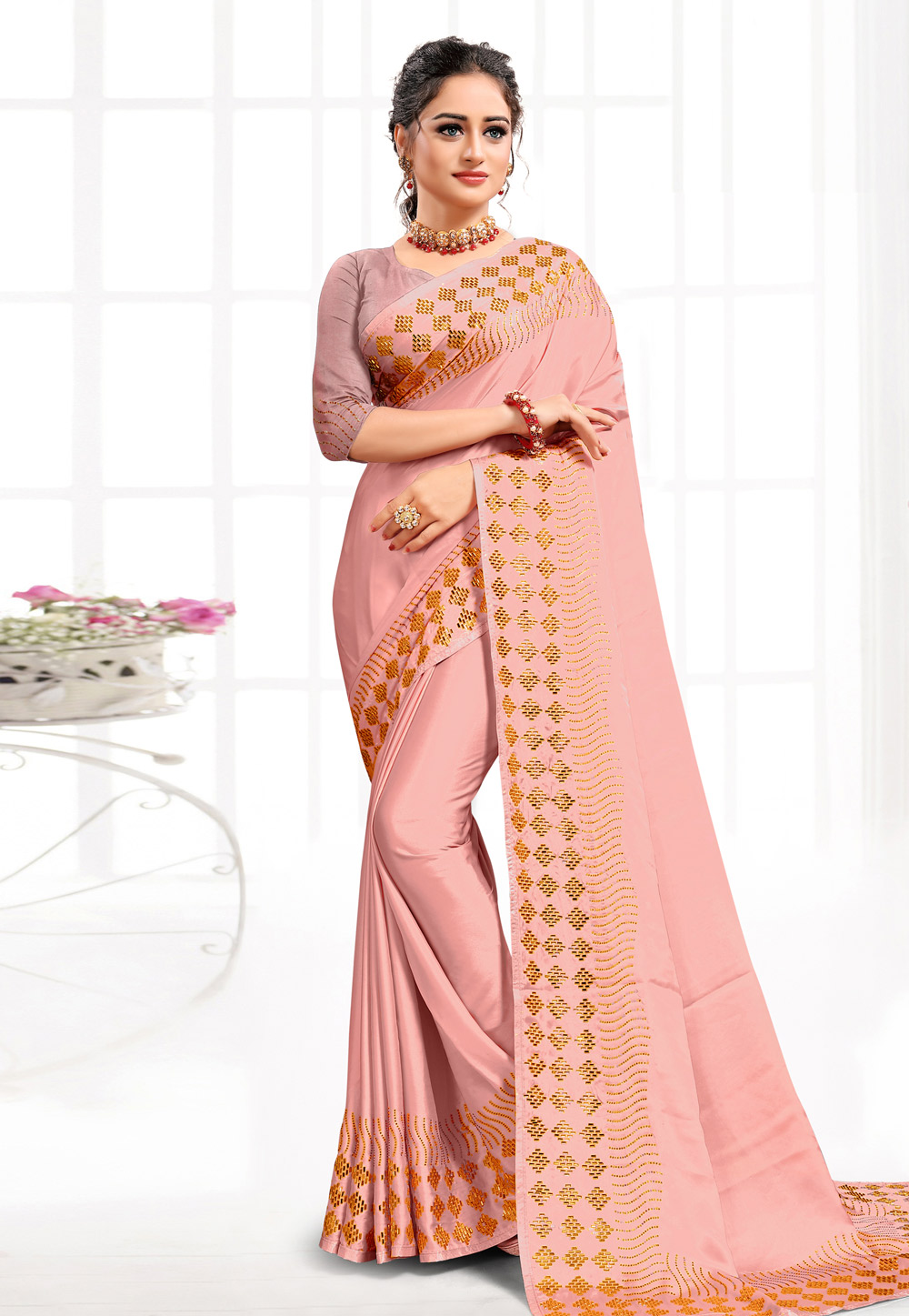 Pink Satin Saree With Blouse 216500