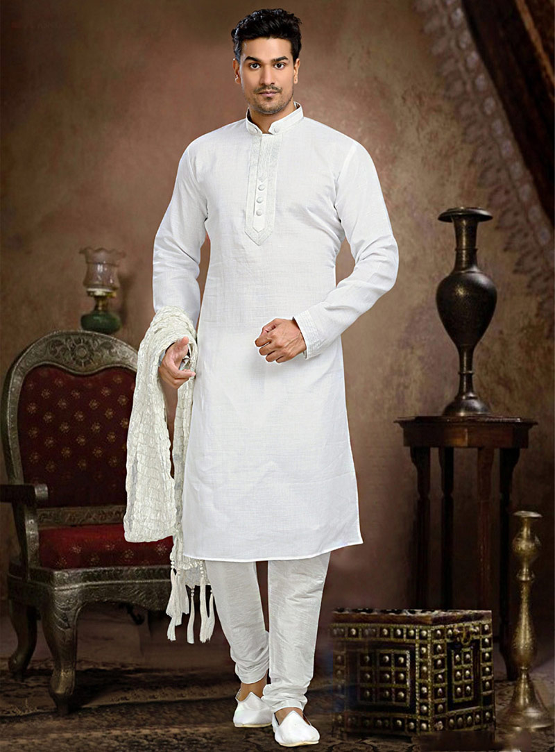 White Cotton Readymade Kurta With Churidar 73854