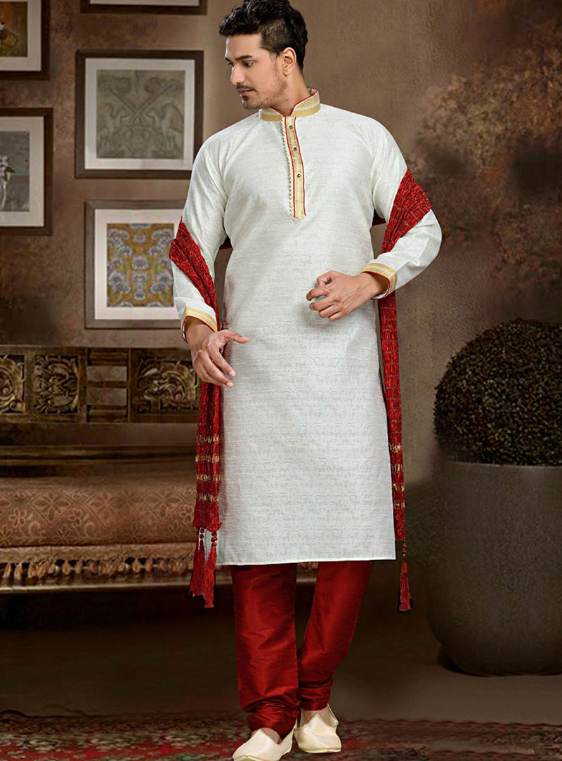 White Art Silk Readymade Kurta With Churidar 73859