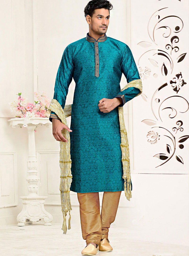 Turquoise Art Silk Readymade Kurta With Churidar 73860