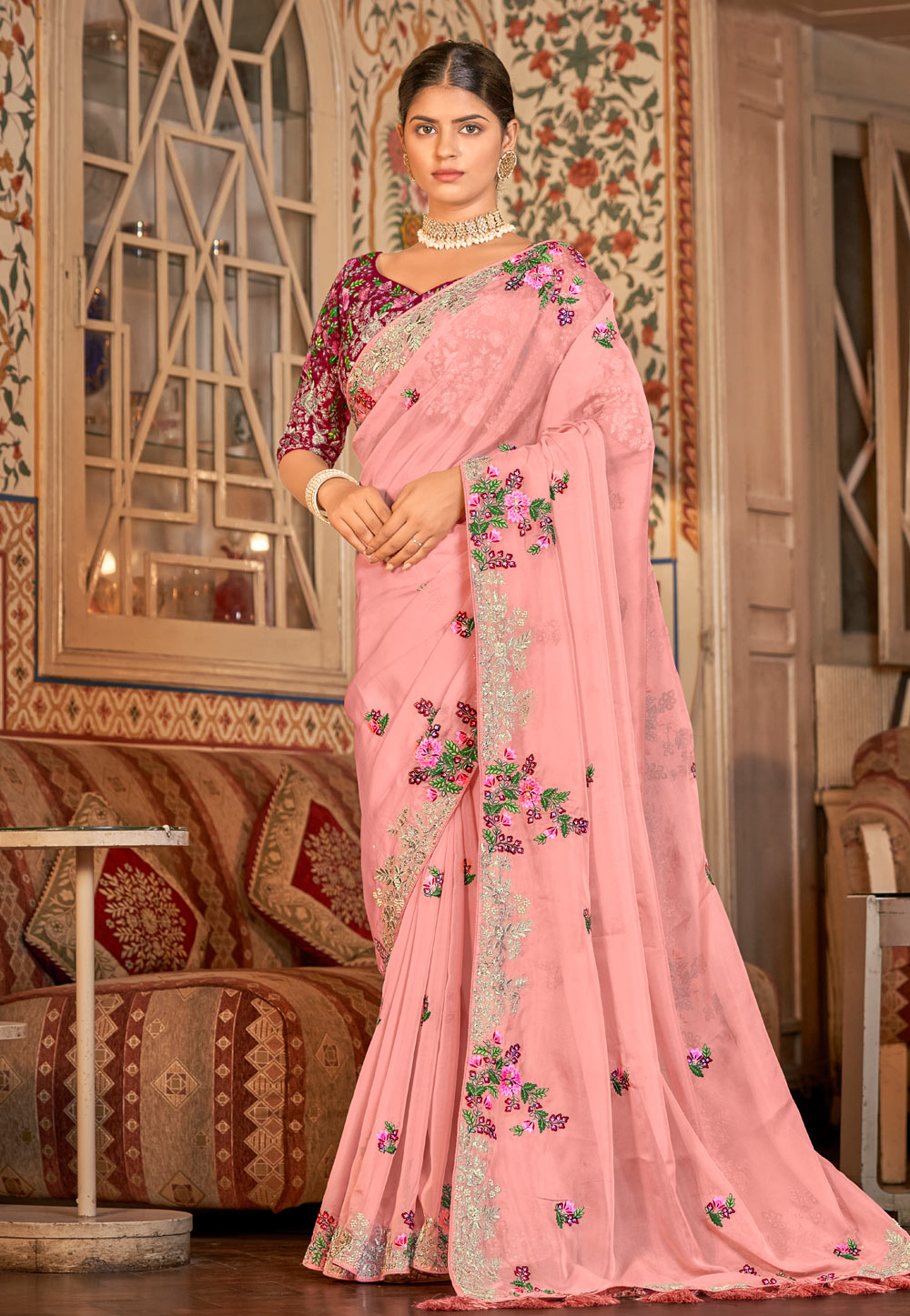 Pink Organza Saree With Blouse 250228