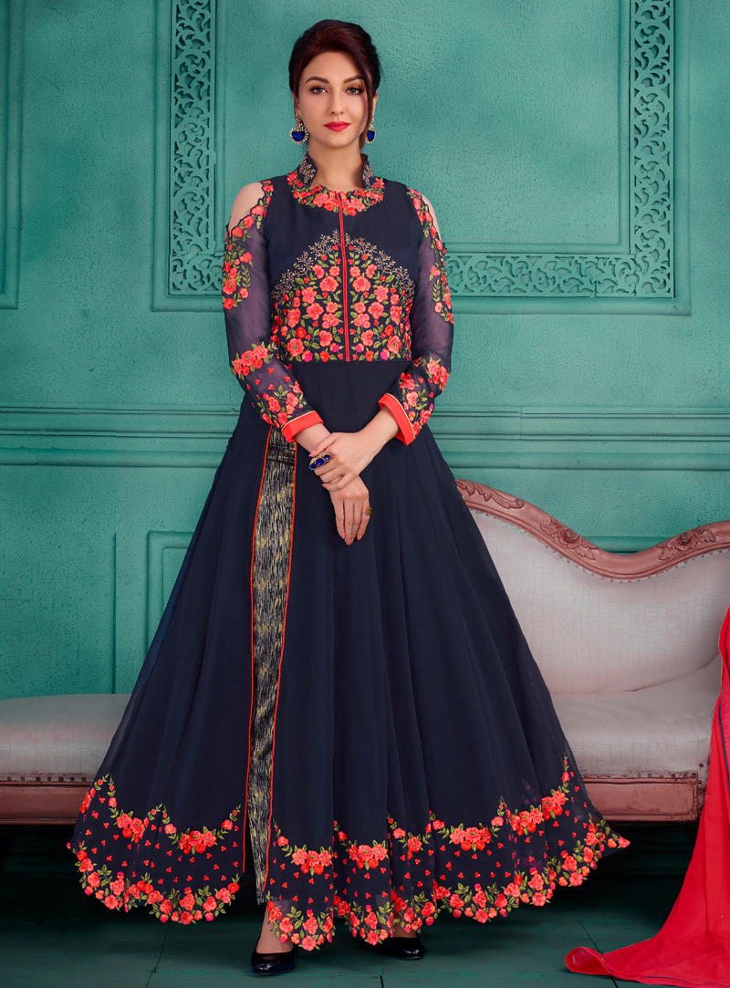 Navy Blue Georgette Long Anarkali Suit With Pant 126946