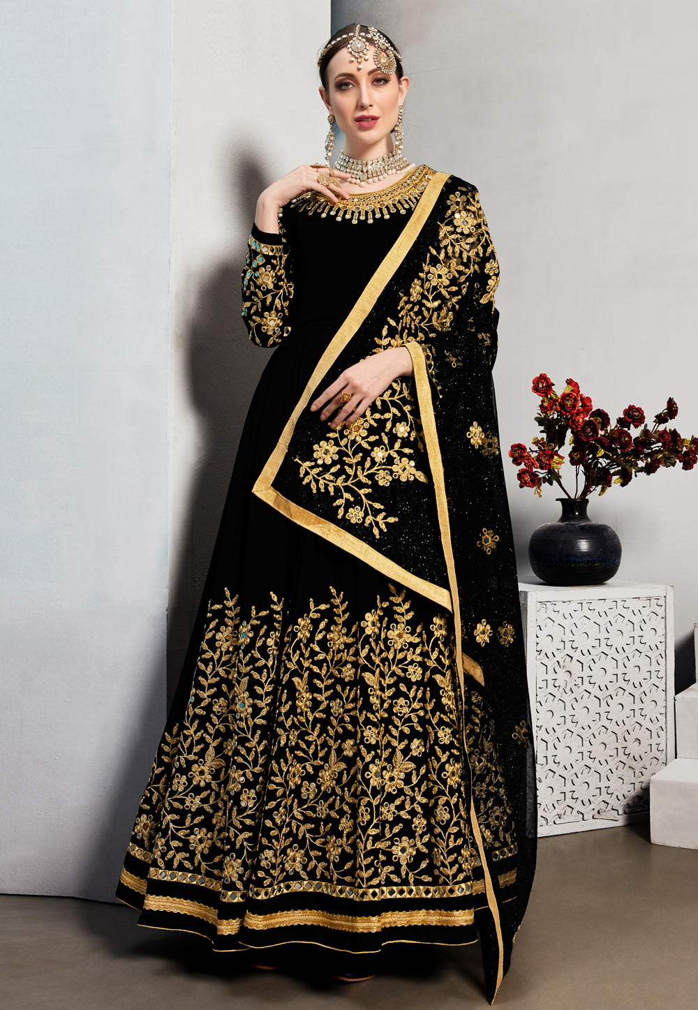 Black Georgette Embroidered Long Anarkali Suit 245628