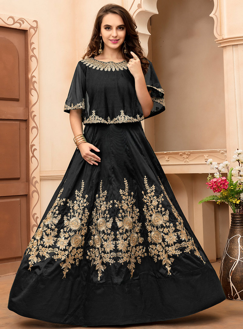 Black Taffeta Silk Designer Anarkali Suit 93686