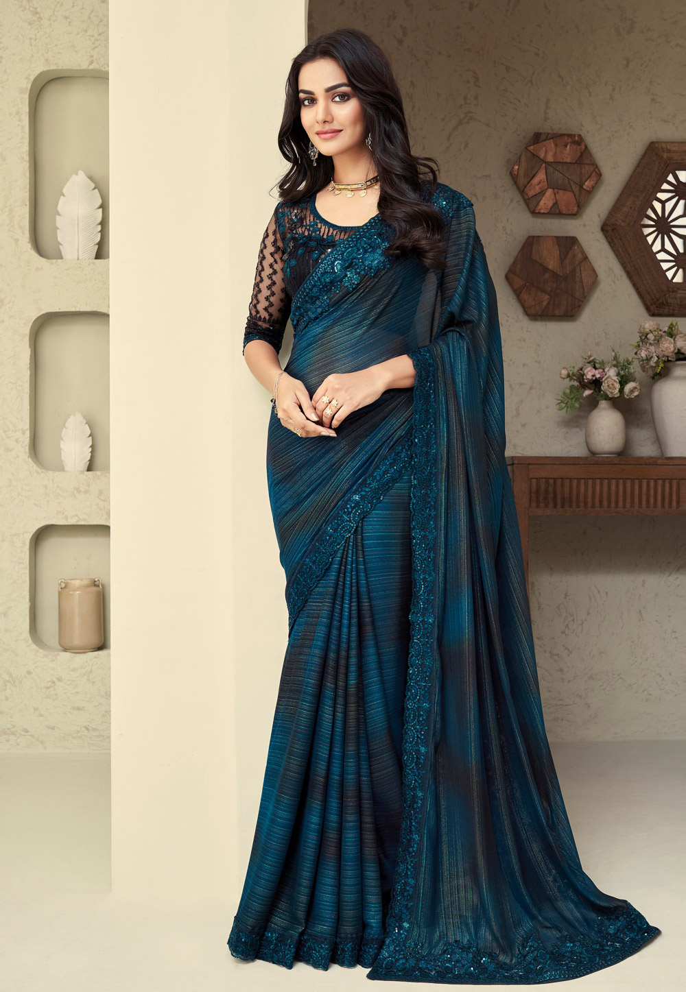 Teal Shimmer Saree With Blouse 269422