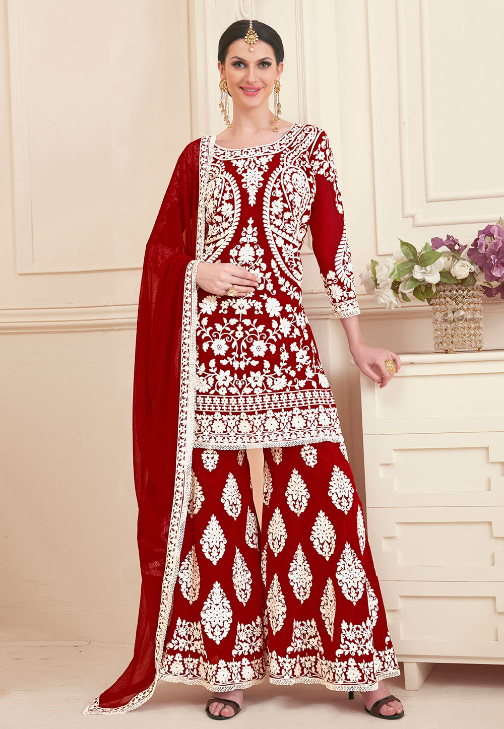 Red Georgette Sharara Style Suit 161535