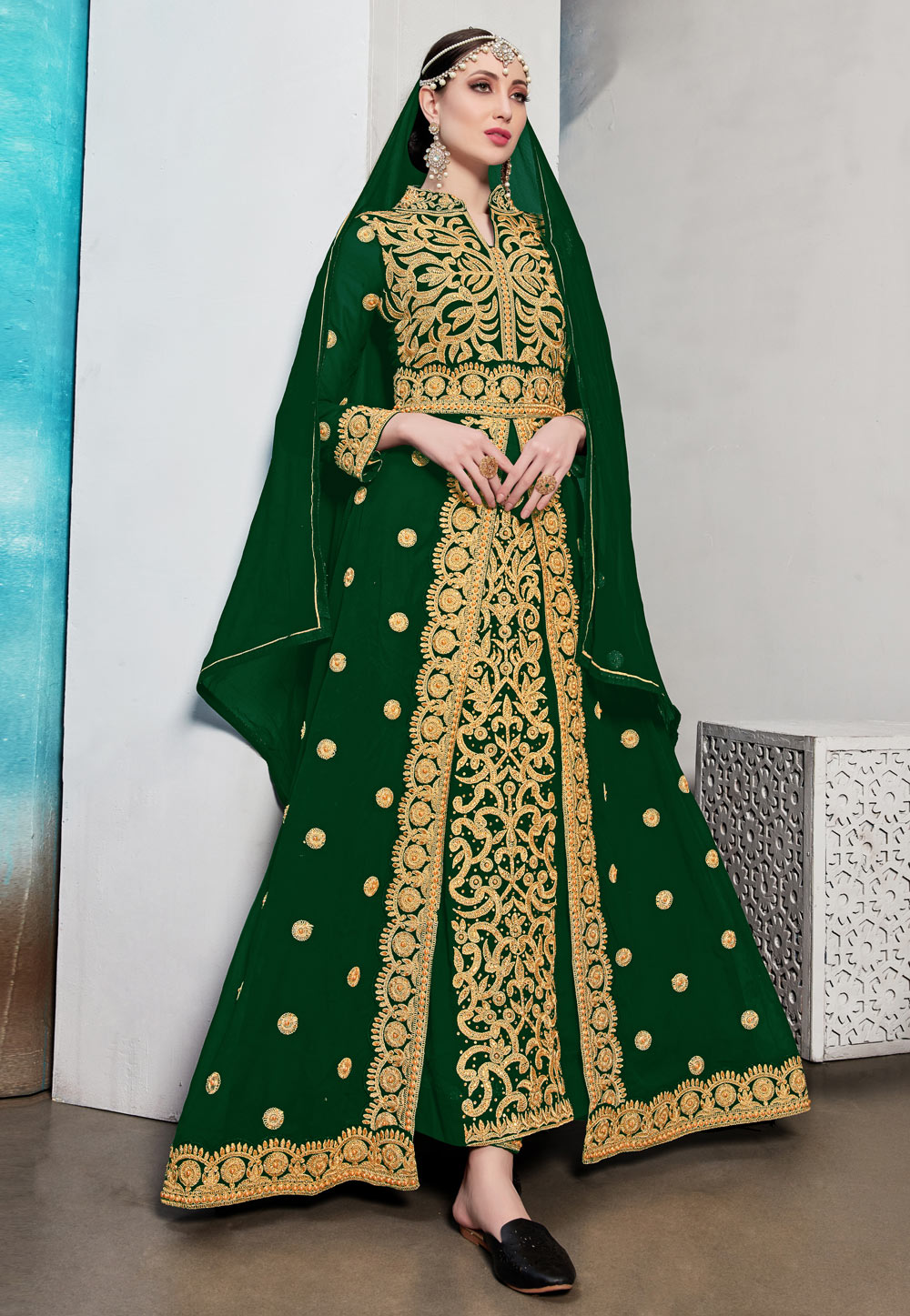Green Georgette Embroidered Center Slit Anarkali Suit 245630