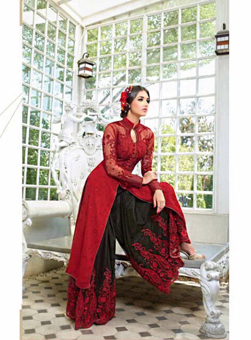 Red Georgette Palazzo Style Suit 71550