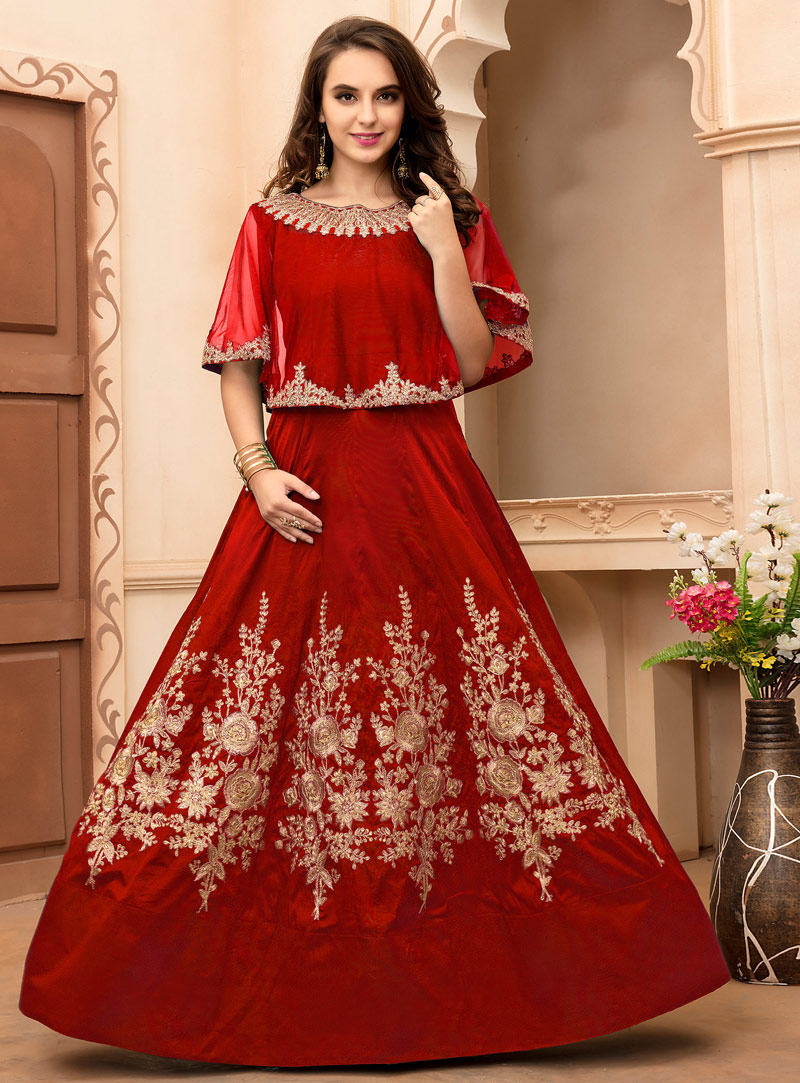 Red Taffeta Silk Long Anarkali Suit With Cape 93689