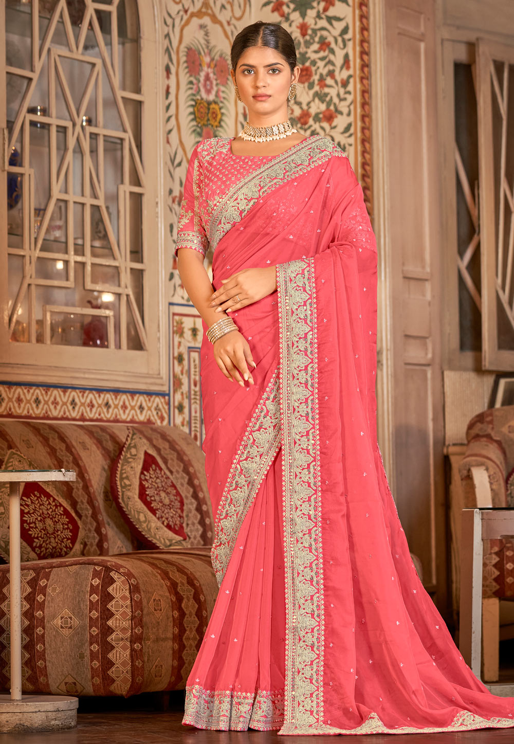 Pink Organza Saree With Blouse 250233