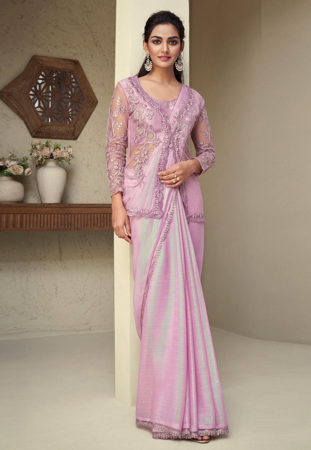 Light Pink Shimmer Designer Saree With Jacket 269427