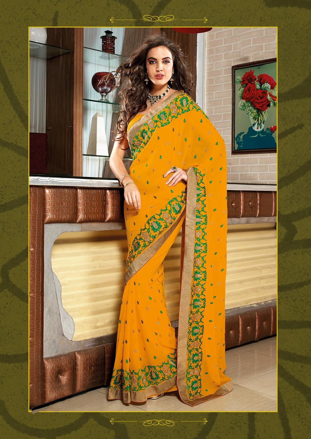 Yellow Chikan Work Party Wear Saree 30060