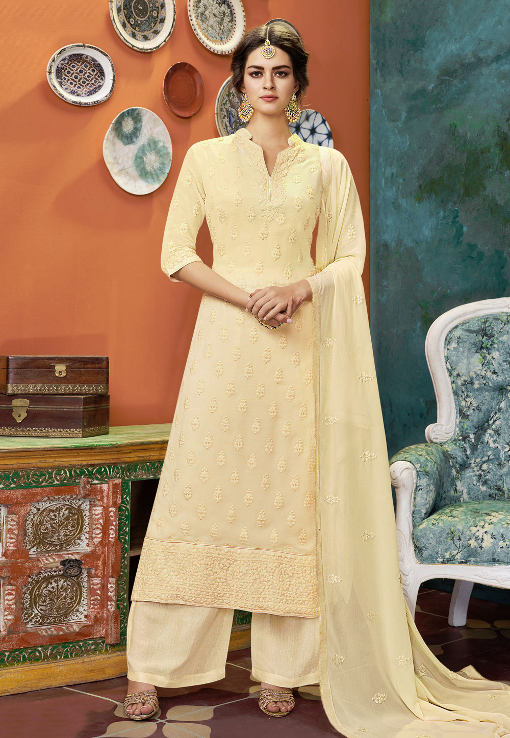 Cream Faux Georgette Readymade Kameez With Palazzo 208852