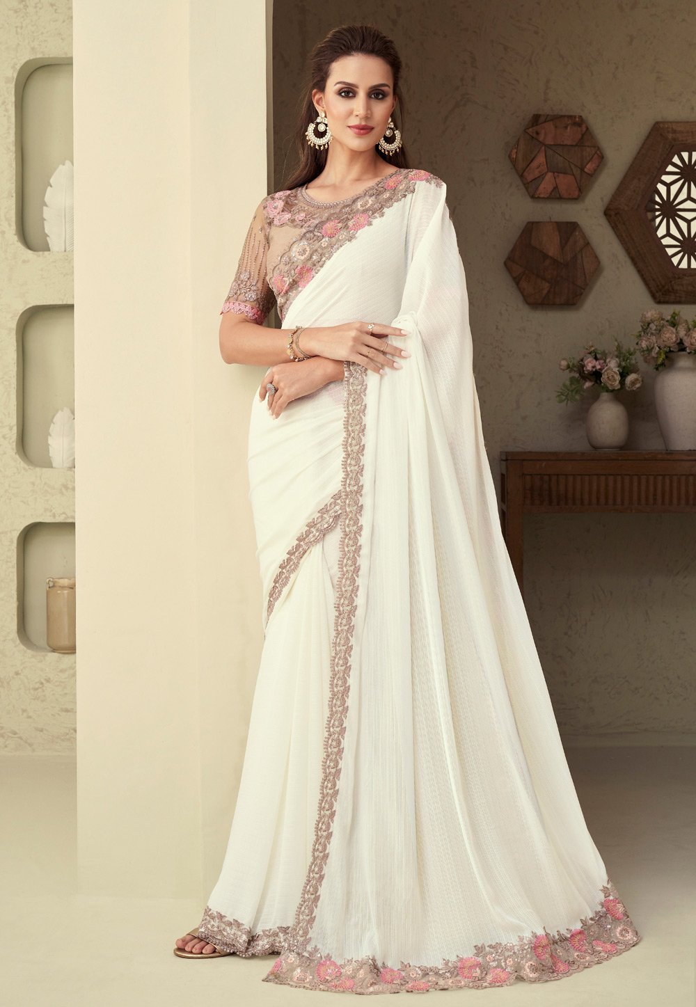 Off White Shimmer Designer Saree 269432