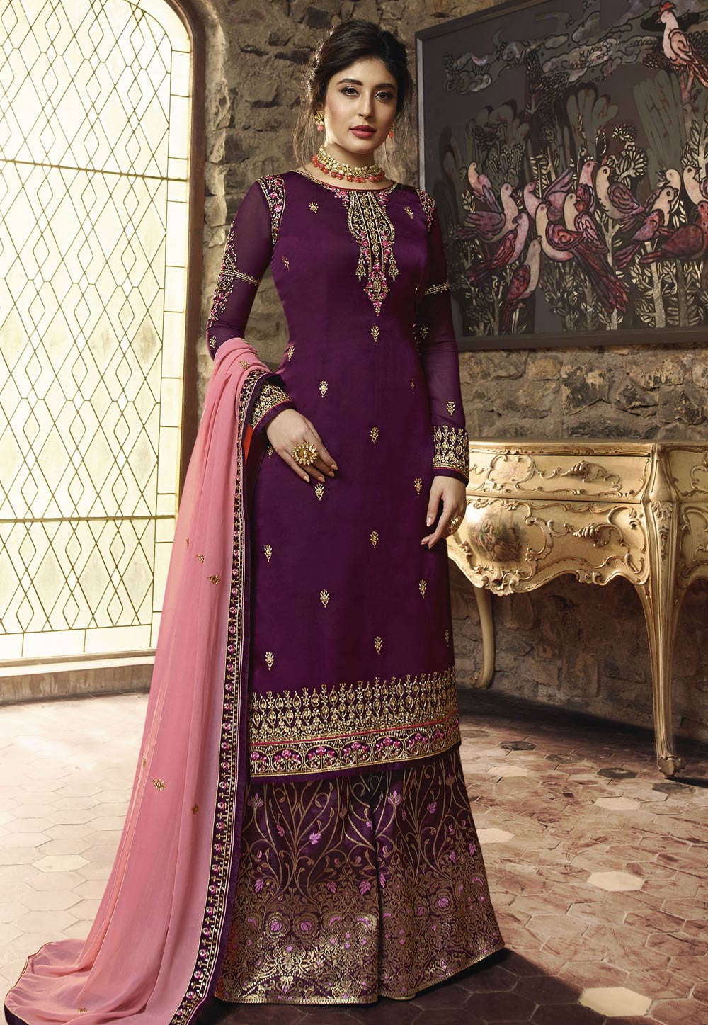 Purple Satin Palazzo Suit 156055