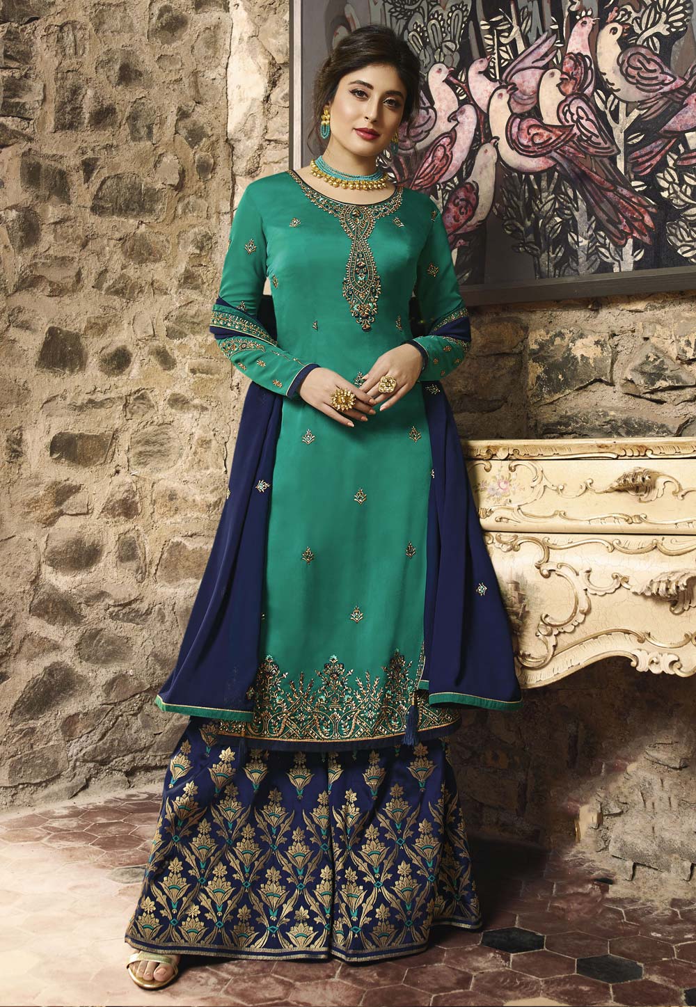 Turquoise Satin Pakistani Style Suit 156057
