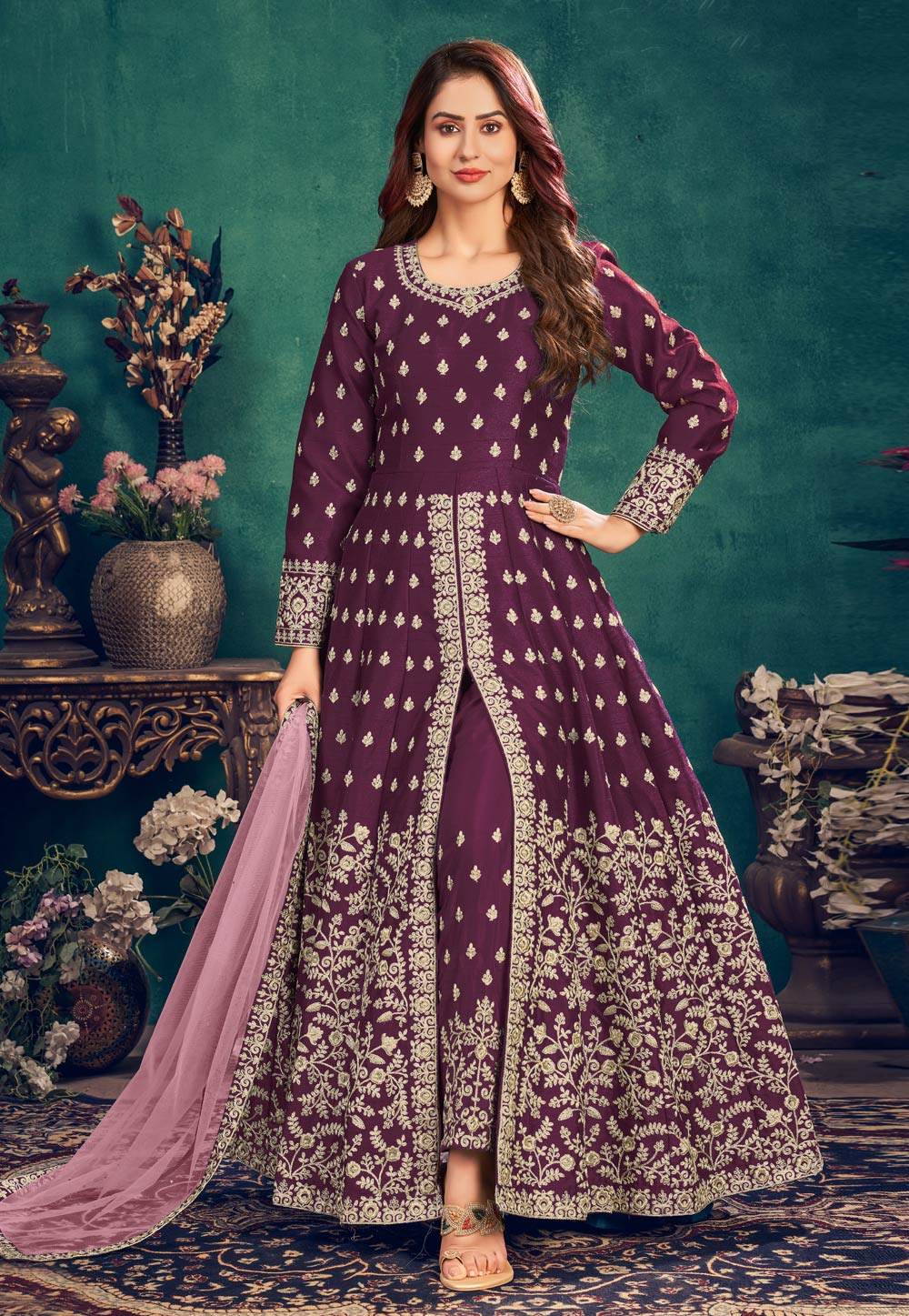 Purple Art Silk Embroidered Long Anarkali Suit 235655