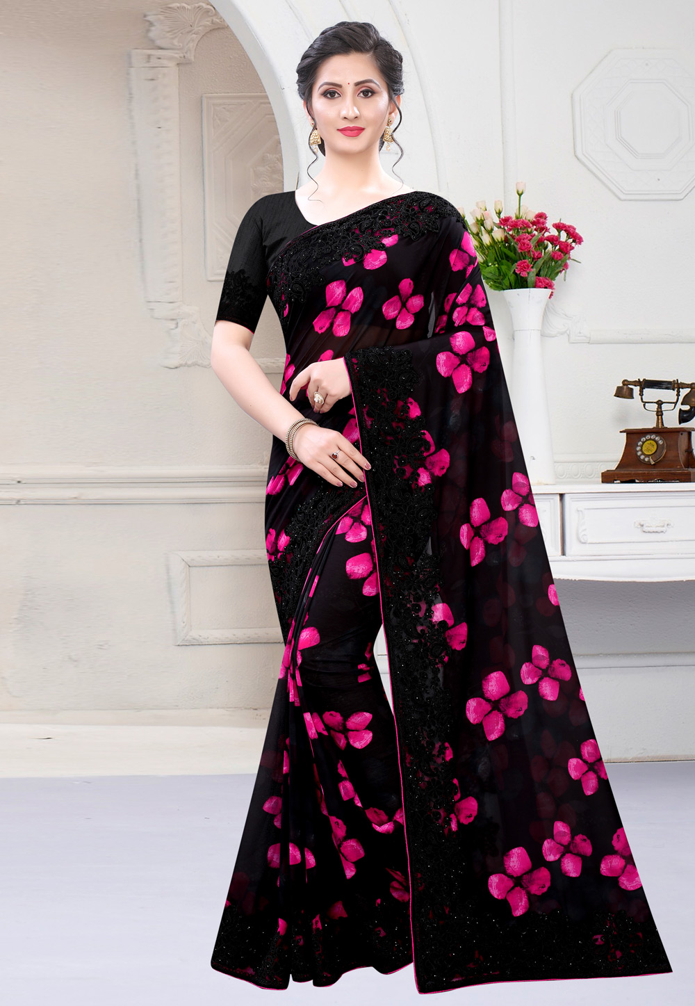 Black Satin Georgette Saree With Blouse 216802