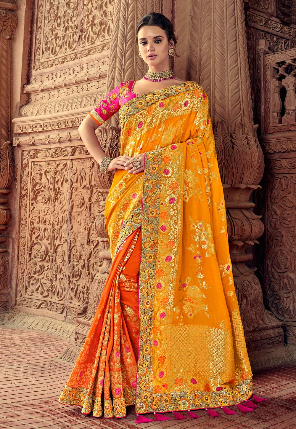 Orange Banarasi Silk Half and Half Saree 187170