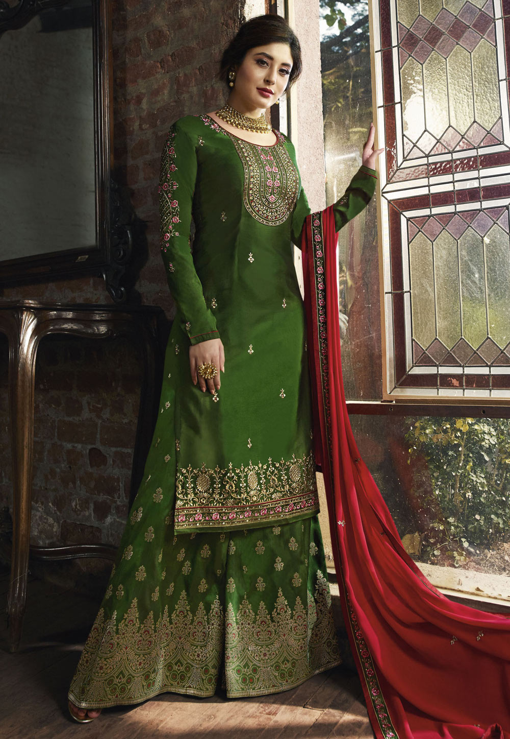 Green Satin Pakistani Style Suit 156061