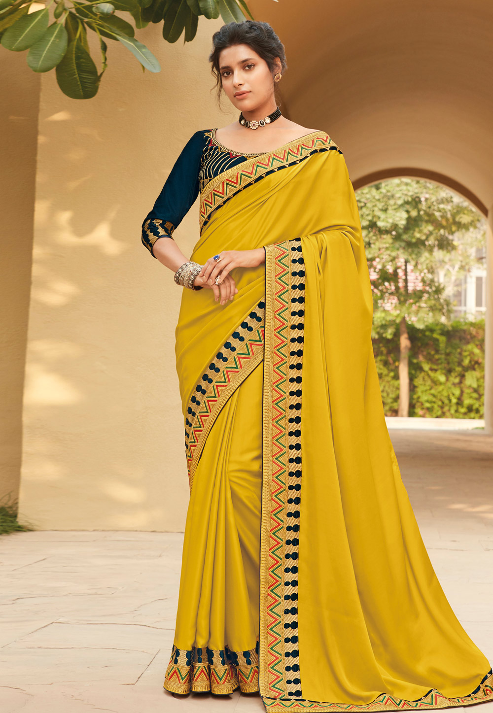 Yellow Satin Georgette Embroidered Festival Wear Saree 214050
