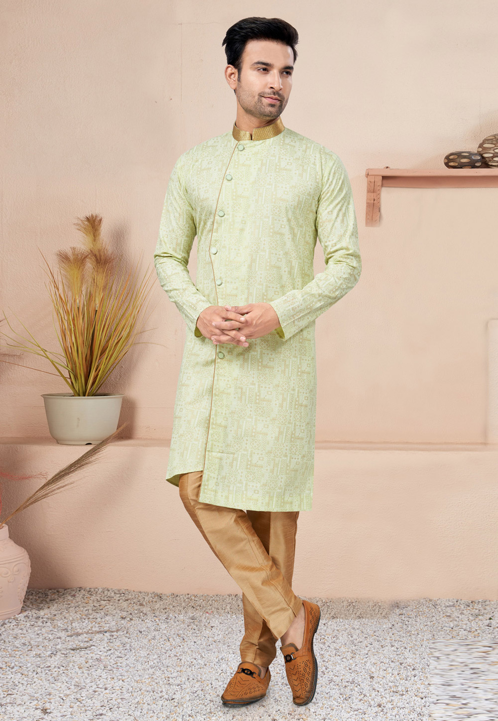Pista Green Cotton Indo Western Suit 270721