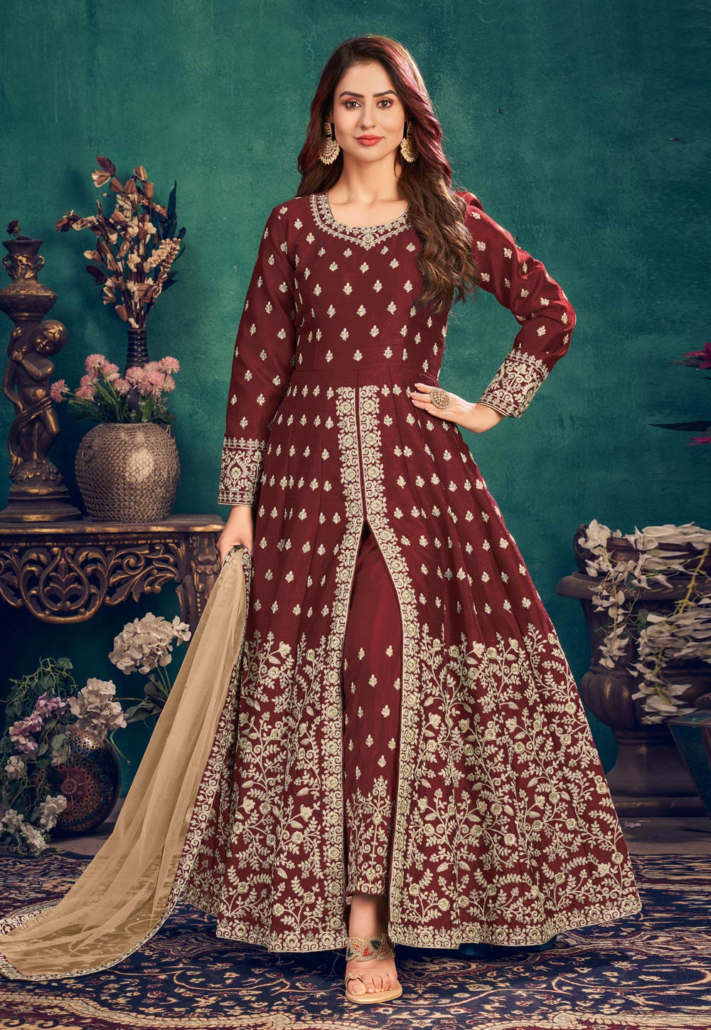 Maroon Art Silk Embroidered Pant Style Suit 235657