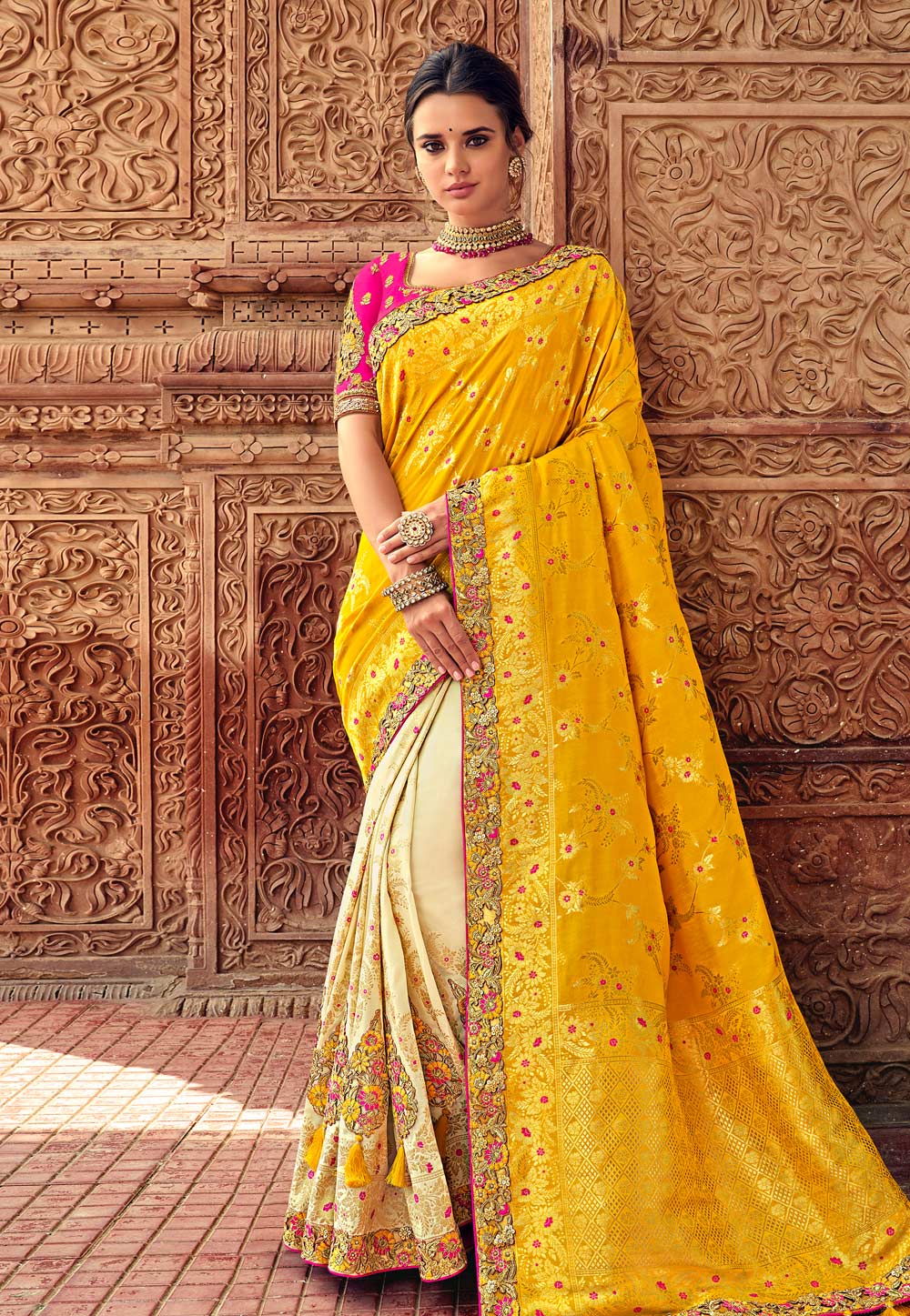 Yellow Banarasi Silk Half and Half Saree 187173
