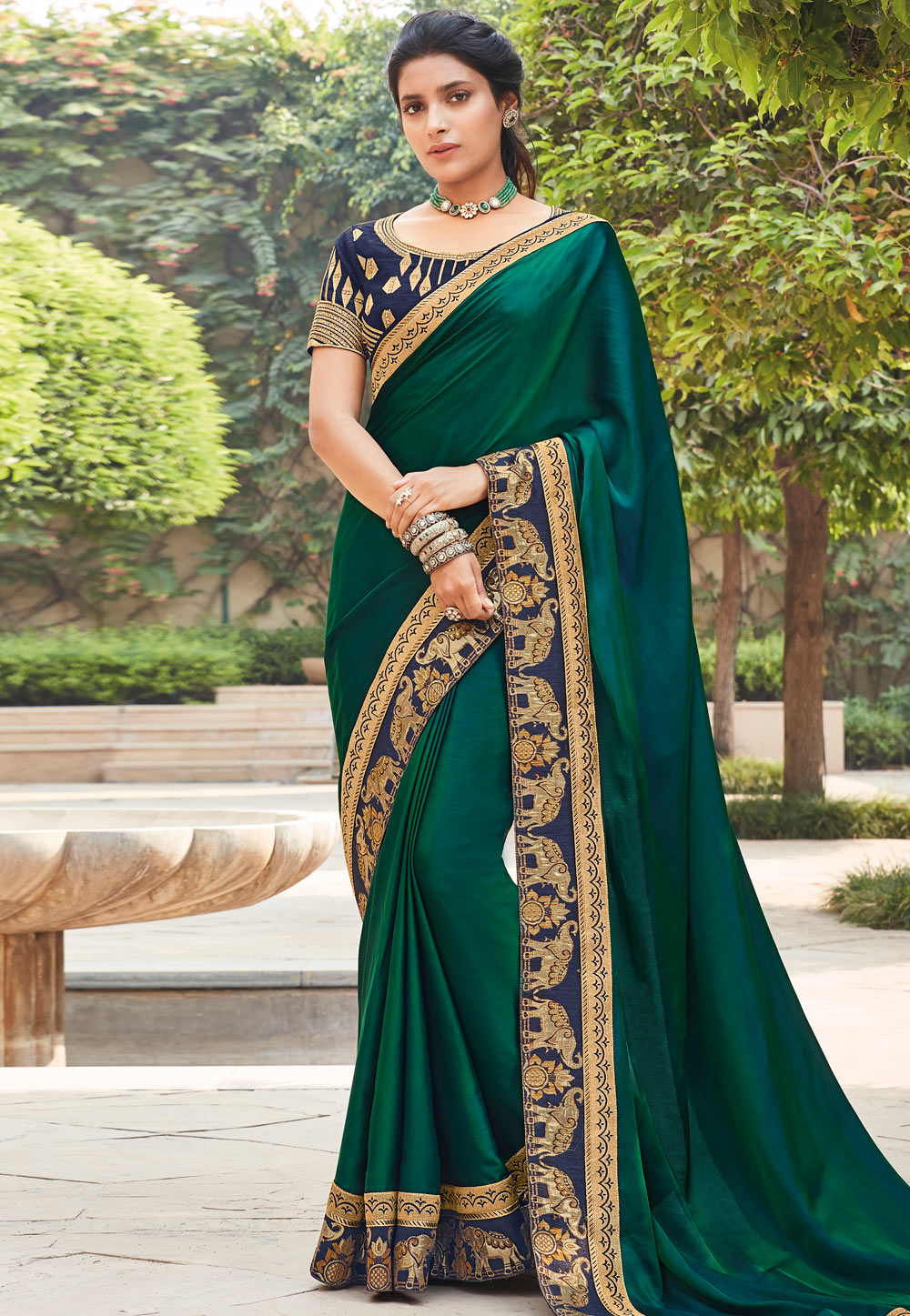 Green Satin Georgette Embroidered Party Wear Saree 214052