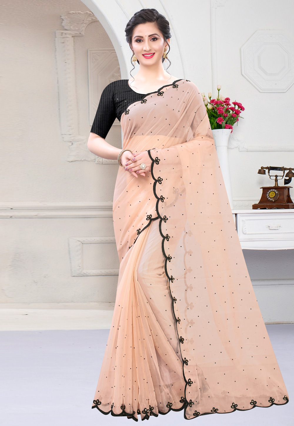 Peach Satin Georgette Saree With Blouse 216806