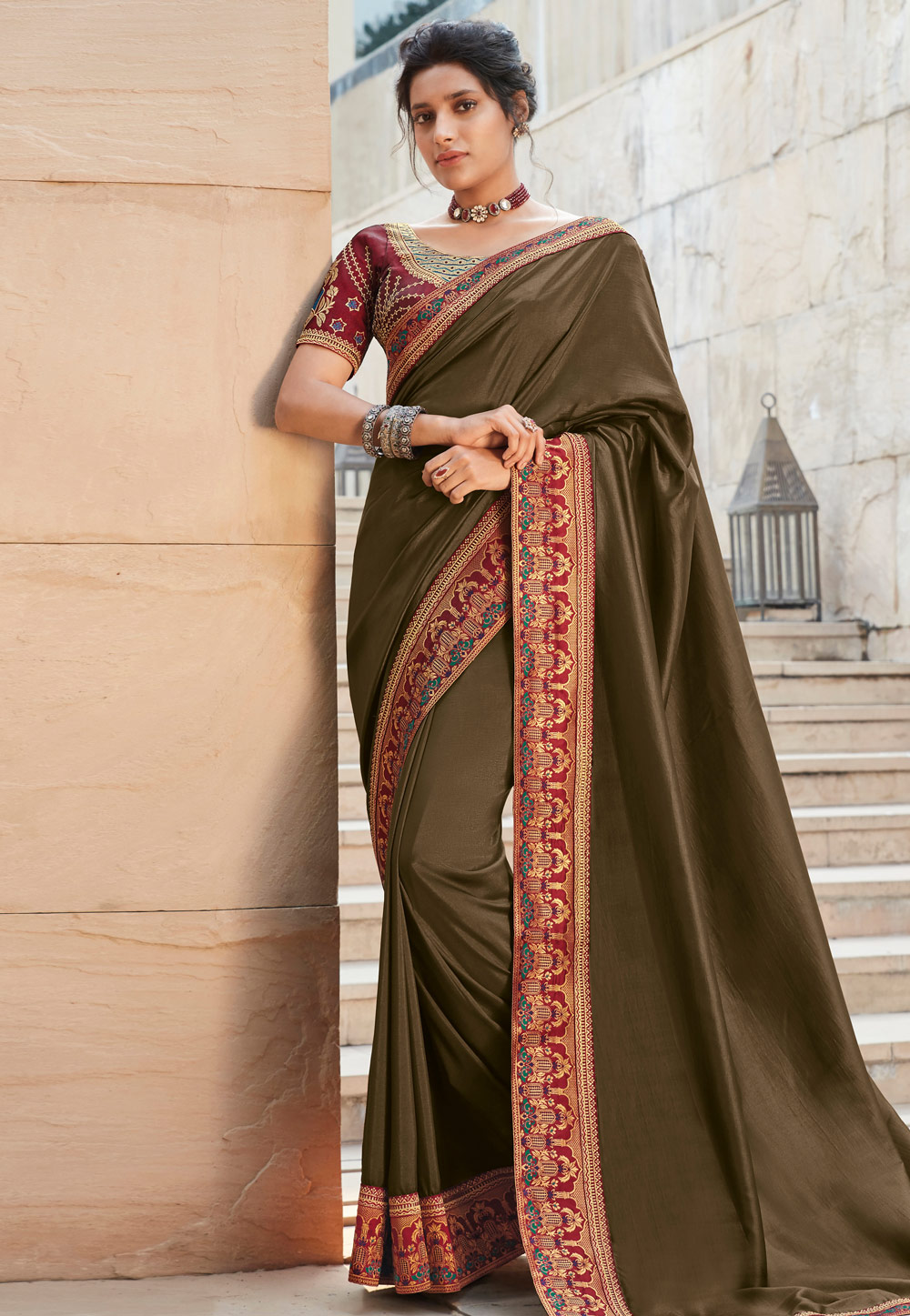 Brown Satin Georgette Embroidered Saree With Blouse 214053