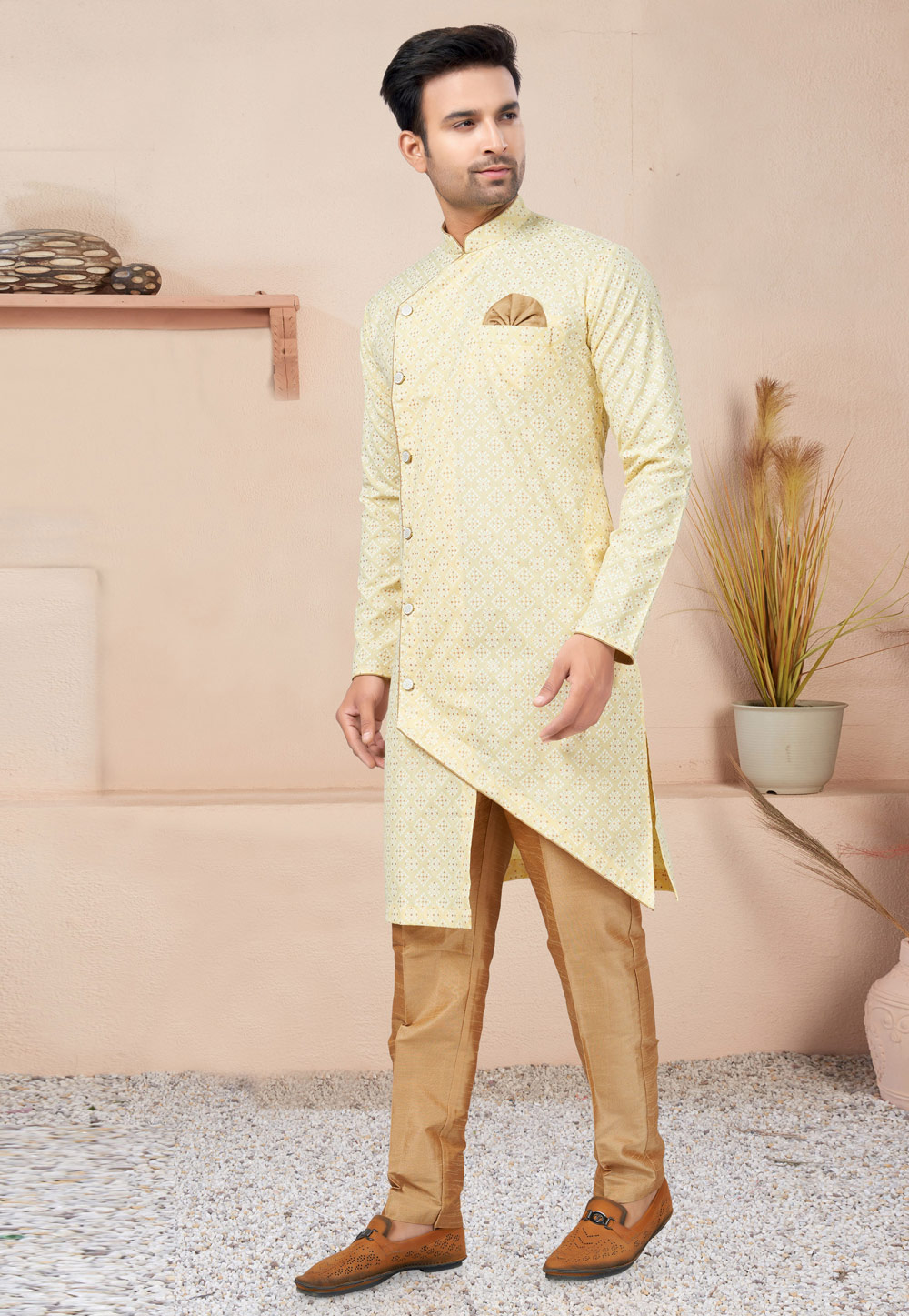 Light Yellow Cotton Indo Western Suit 270724