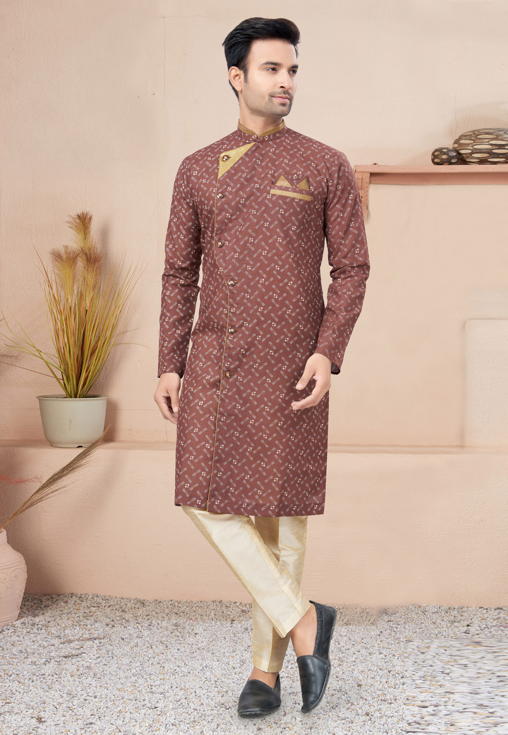 Brown Cotton Indo Western Suit 270725