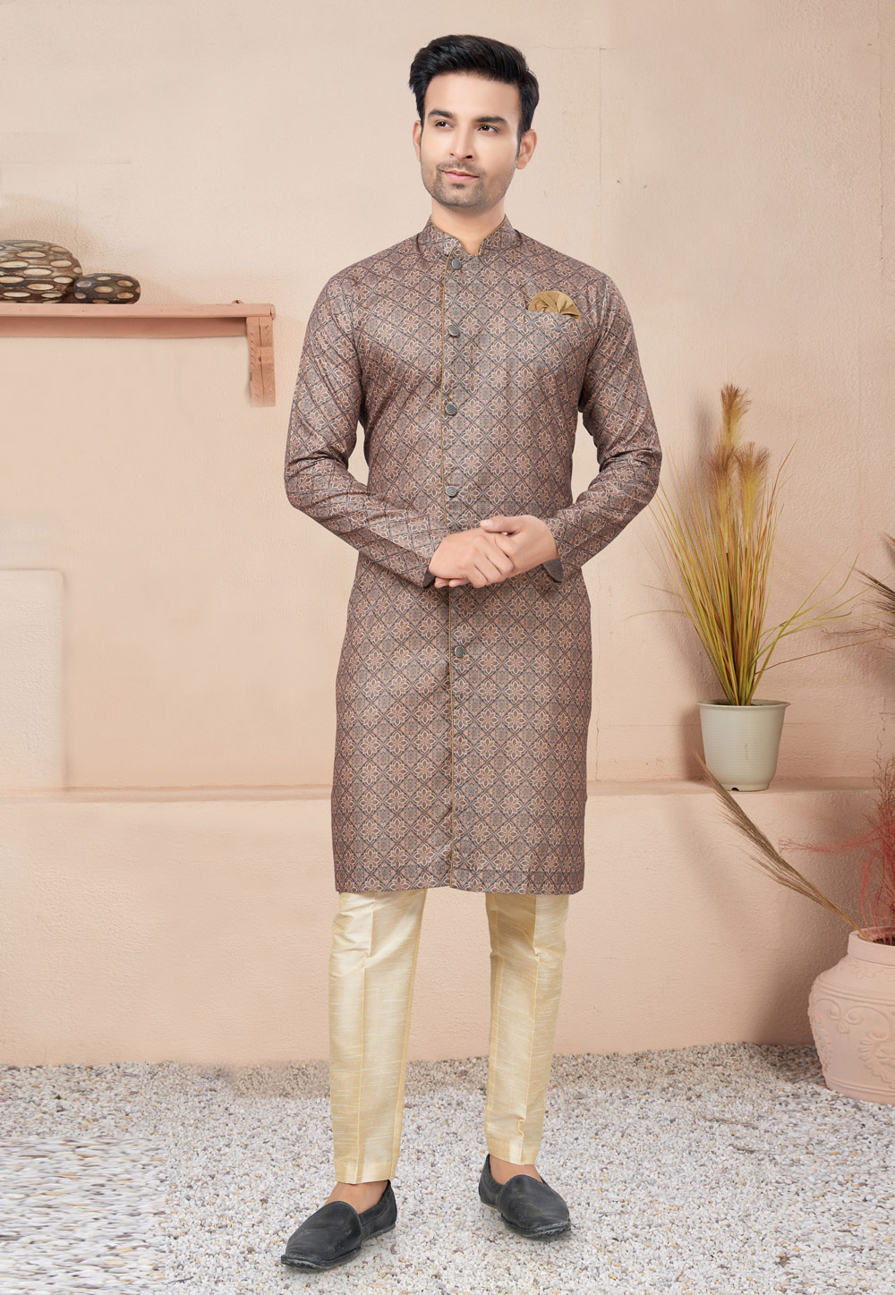 Light Brown Cotton Indo Western Suit 270726
