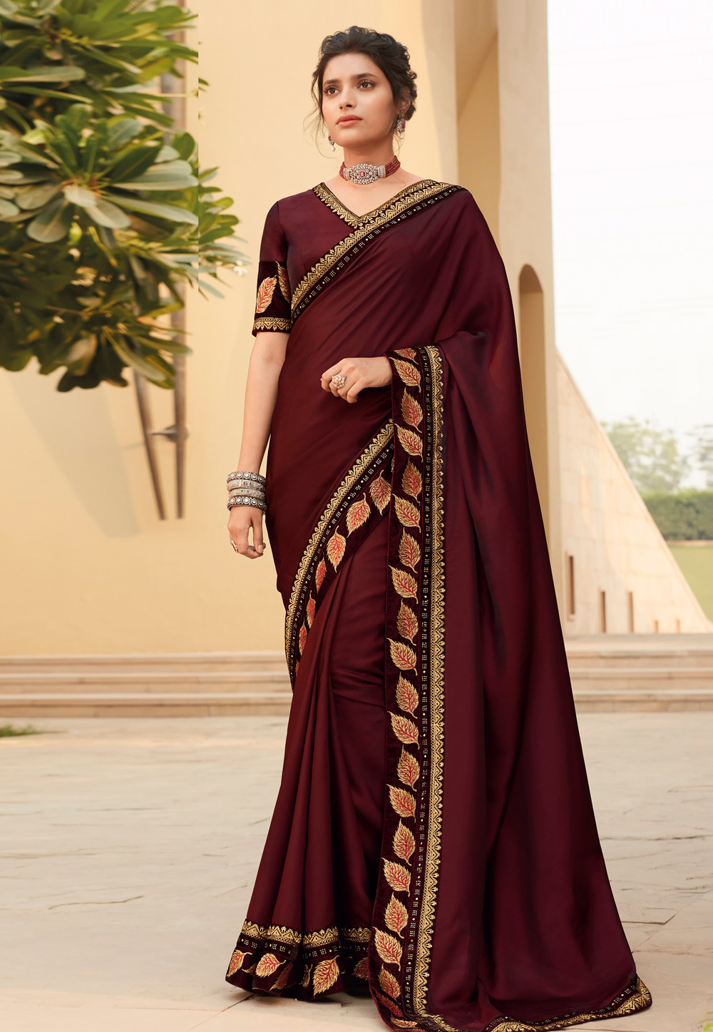 Maroon Satin Georgette Embroidered Party Wear Saree 214057