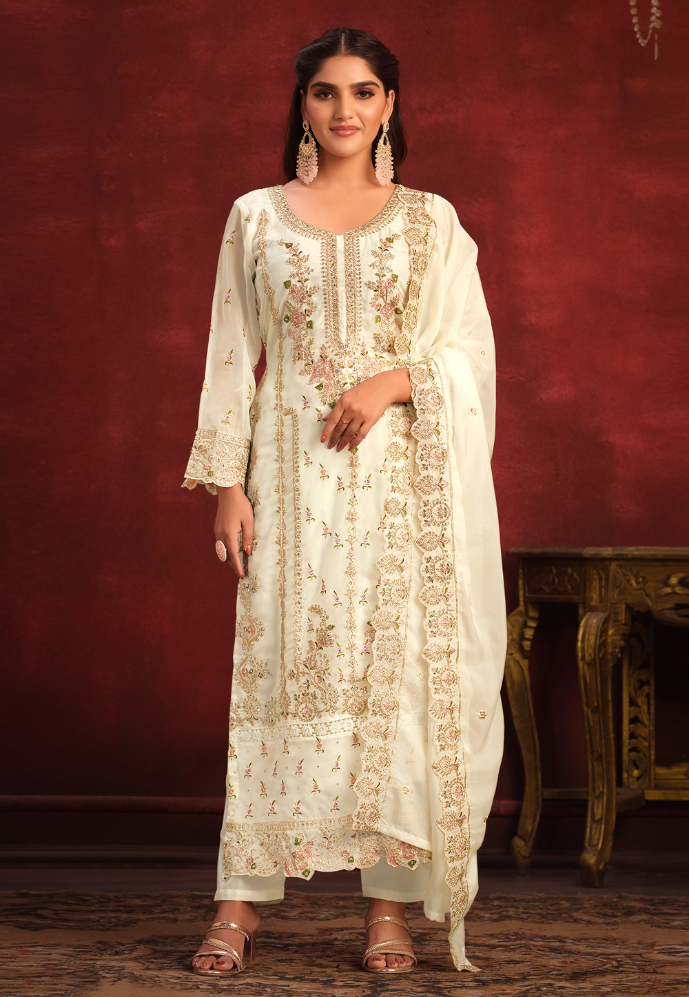 Off White Viscose Straight Suit 273995