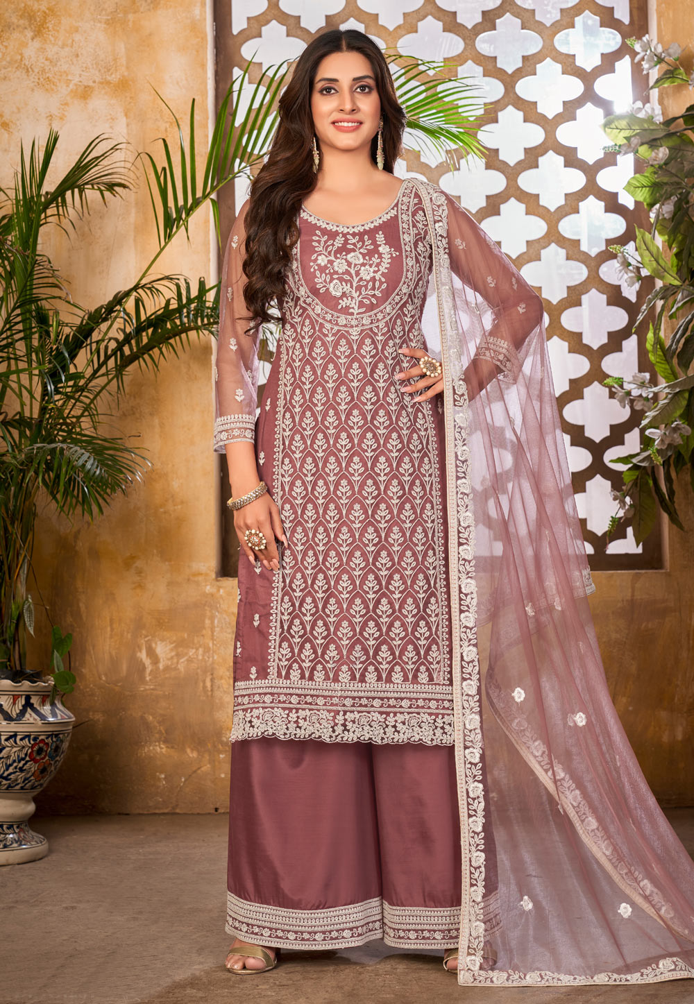 Pink Net Embroidered Palazzo Suit 248376