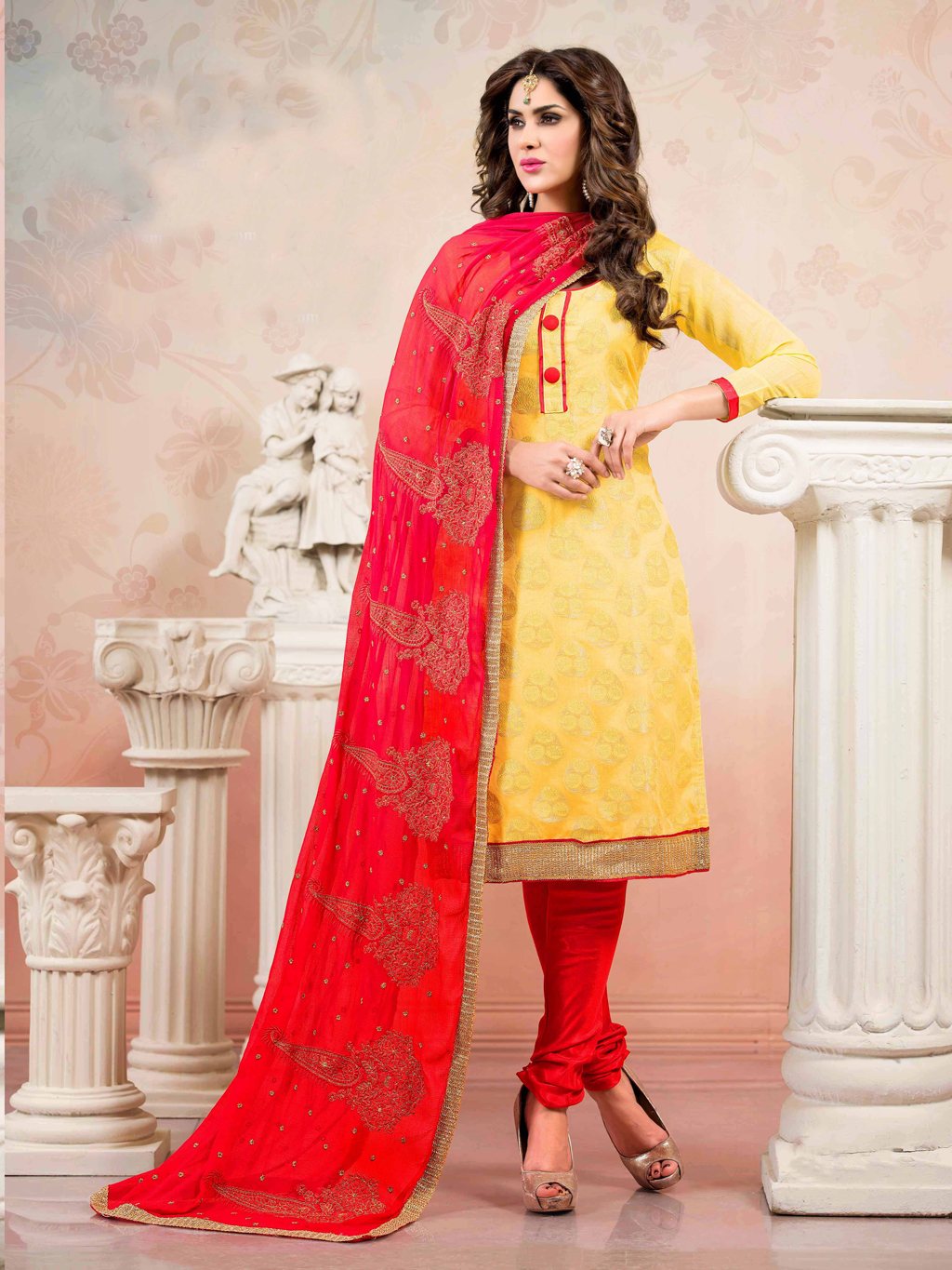 Yellow Chanderi Silk Churidar Suit 44494