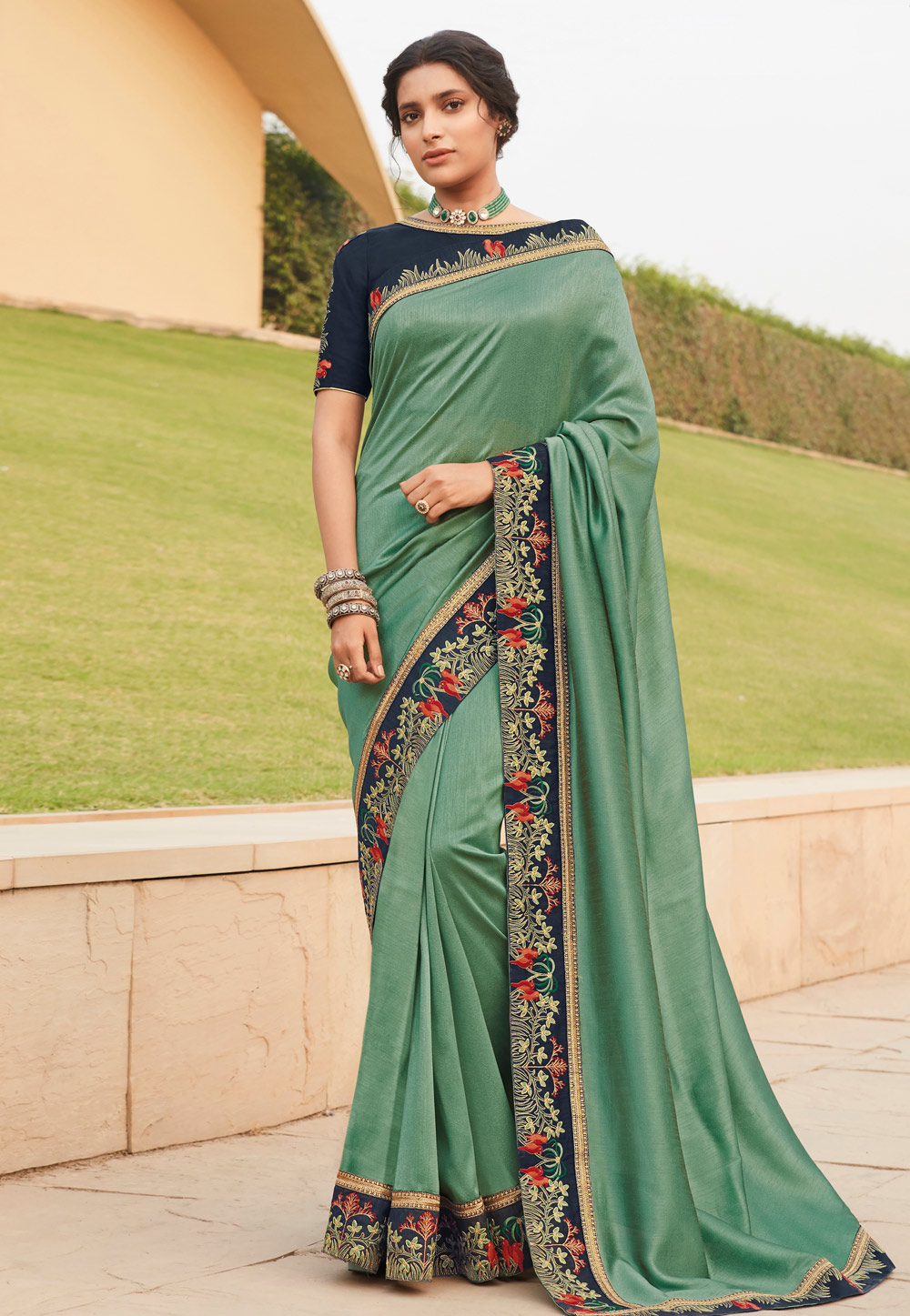 Sea Green Satin Georgette Embroidered Party Wear Saree 214062