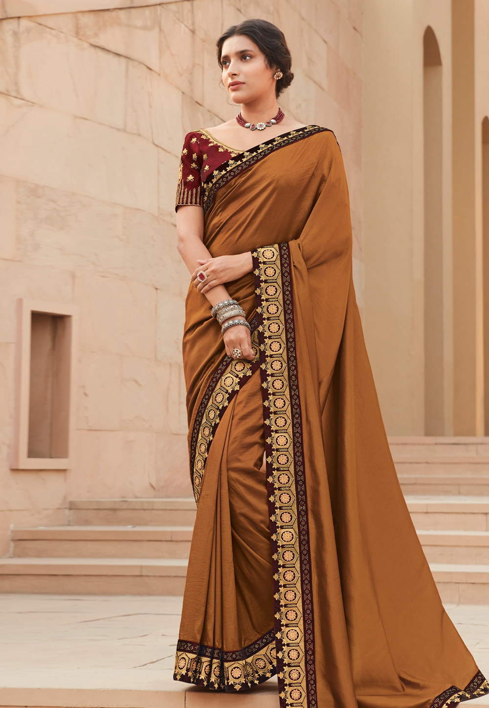 Brown Satin Georgette Embroidered Party Wear Saree 214063